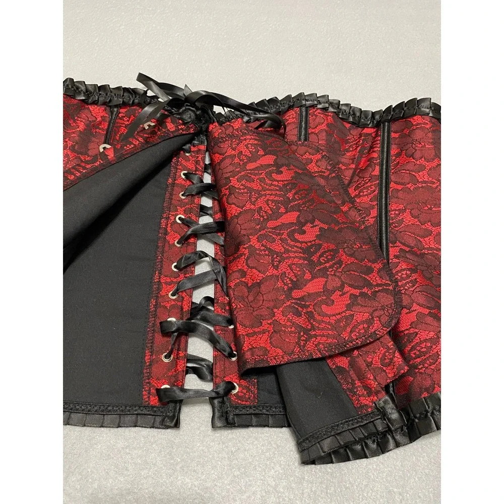 Red Black Floral Lace Boned Corset Top Gothic Steampunk Lace Up Back XL-2XL - Picture 10 of 12